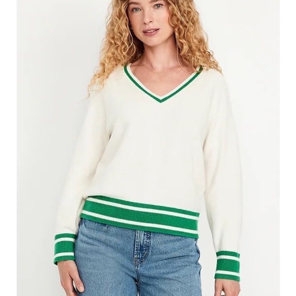 NWT Old Navy Sweater SoSoft Relaxed Heather Green Varsity Stripe size Medium